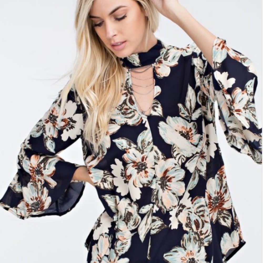 High neck, front and back cutout top bell sleeves